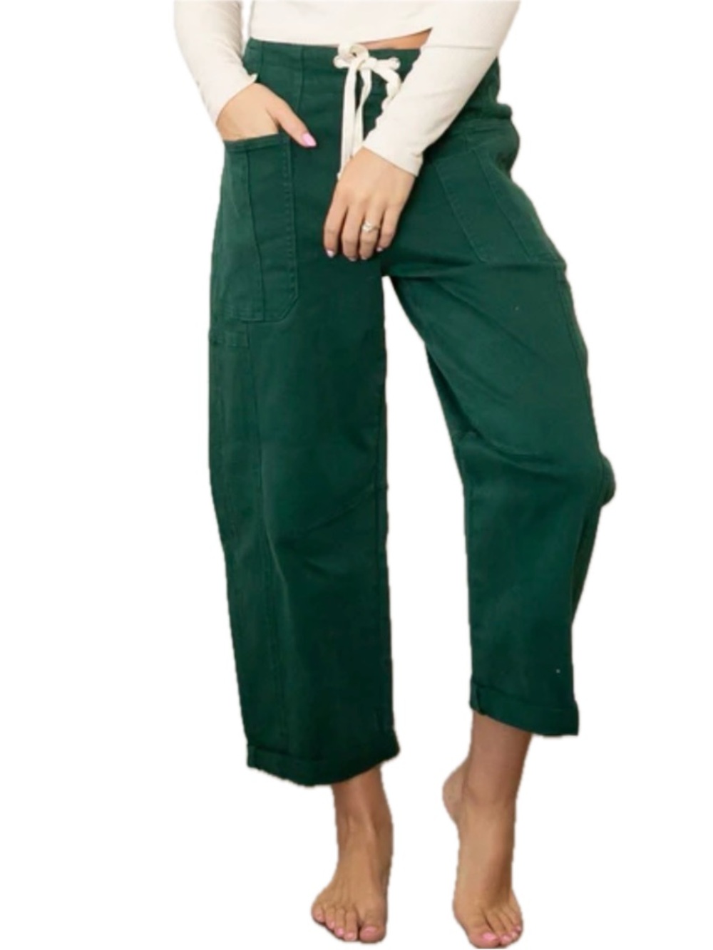 RISEN Barrel Jeans Size 27 Green High Rise Crop Ankle Stretch Denim